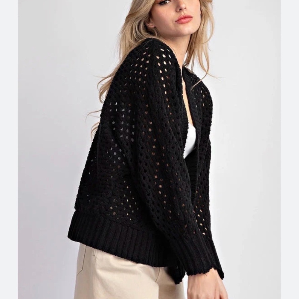 Rebecca Taylor Black Open-Weave Relaxed Cardigan - Picture 1 of 4